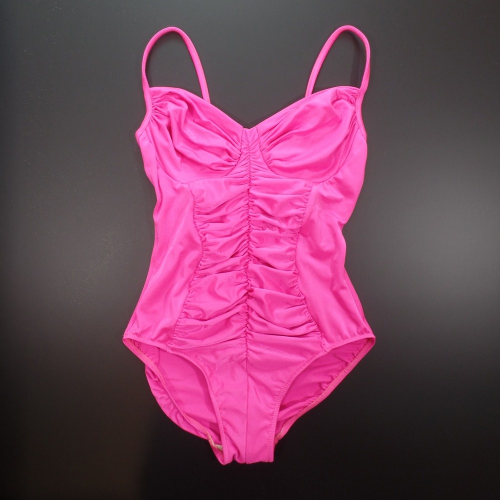 Vintage SeaFair One Piece Swimsuit, 13/14, Hot Pink Ruched, 1980s/90s
